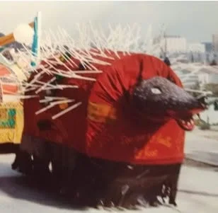 Le Roumégaïre rouge vu de face et de côté, avec les jambes de ses porteurs sous la frange.